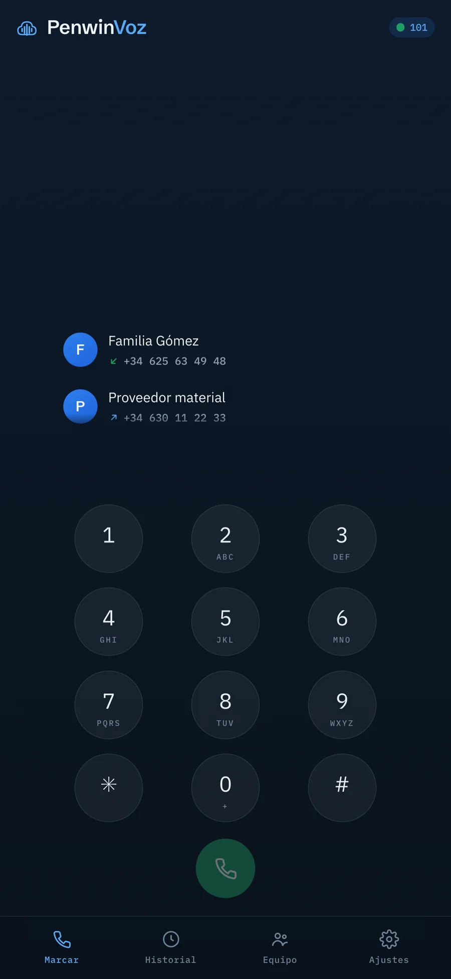 Teclado para marcar de la app Penwin Voz con las últimas llamadas